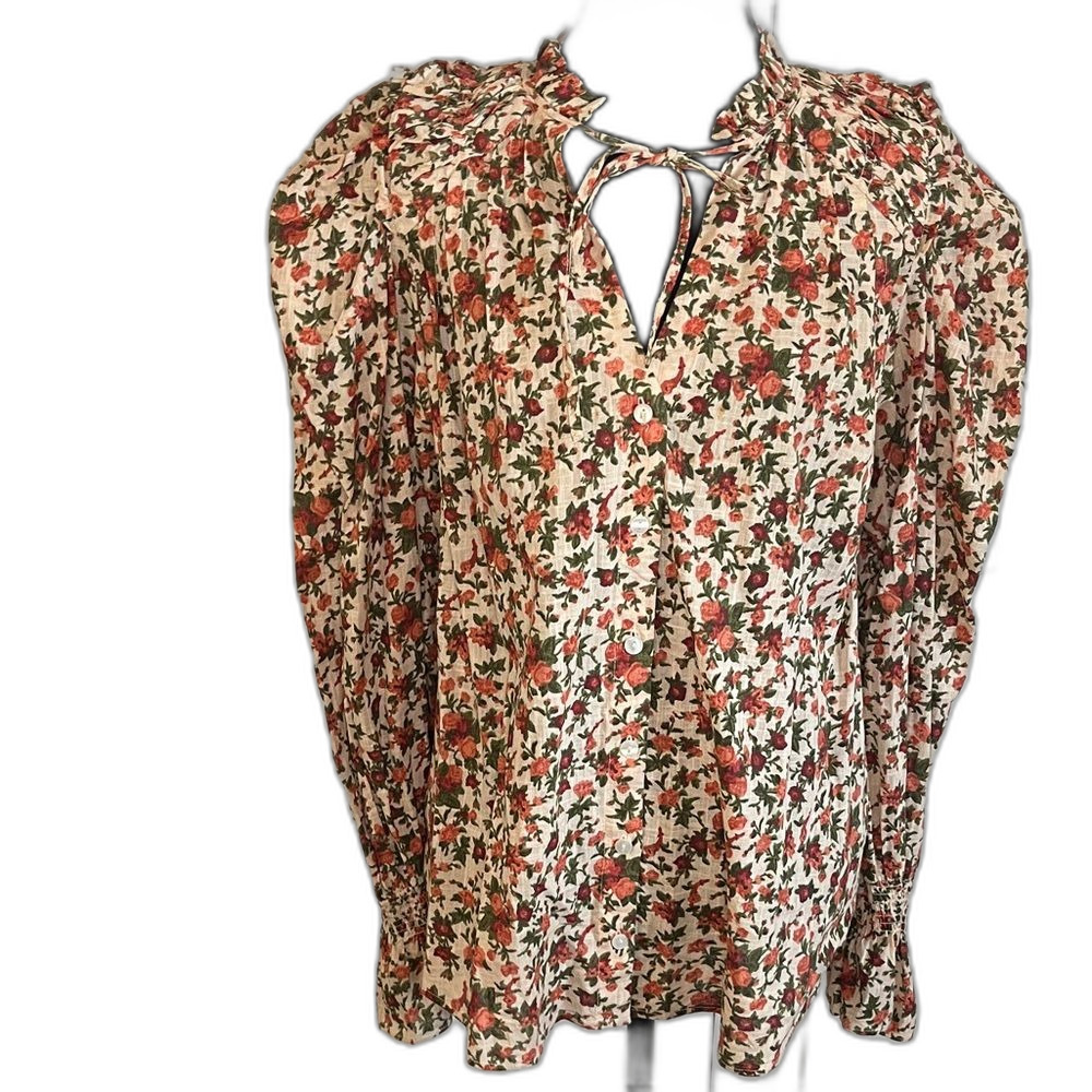 Free People Meant To Be Floral Puff Sleeve  Top Medium Cottagecore Boho Rosebuds